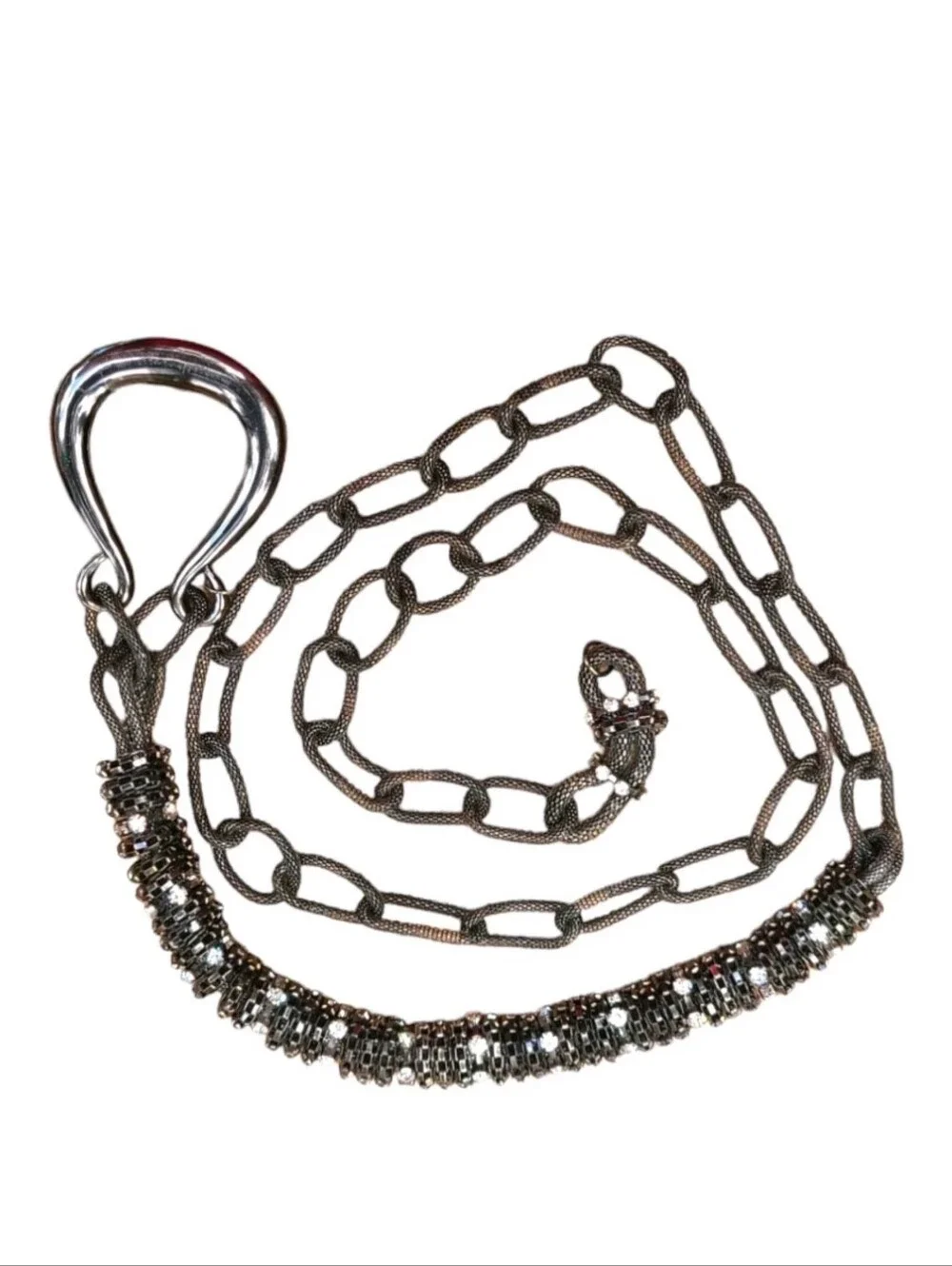 Chicos Rhinestone Laden Chain Belt Gunmetal Gray Chunky Adjustable 90s